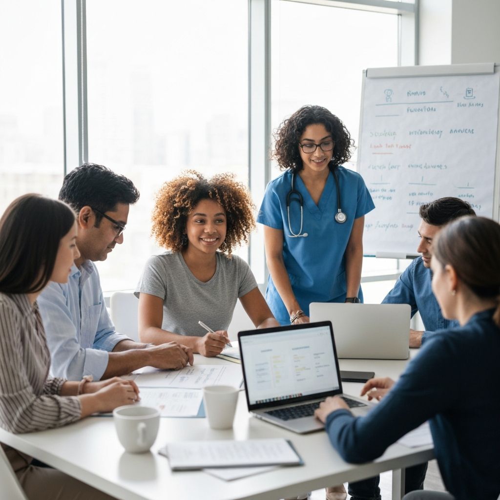 Tim profesionalnih nutricionista u modernom okruženju, savetodavna atmosfera